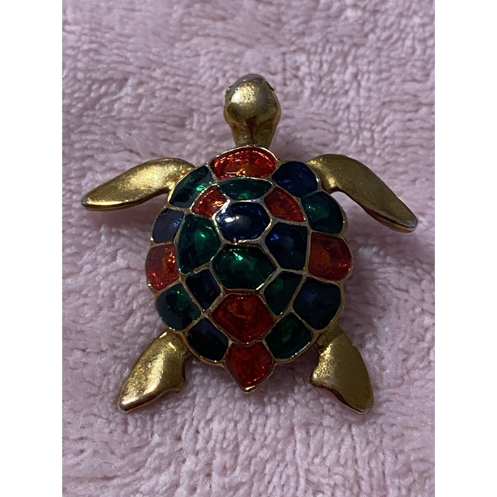 VINTAGE MULTI COLOR ENAMEL TURTLE PIN BROOCH GOOD LUCK CHARM WILD ANIMAL LOVER